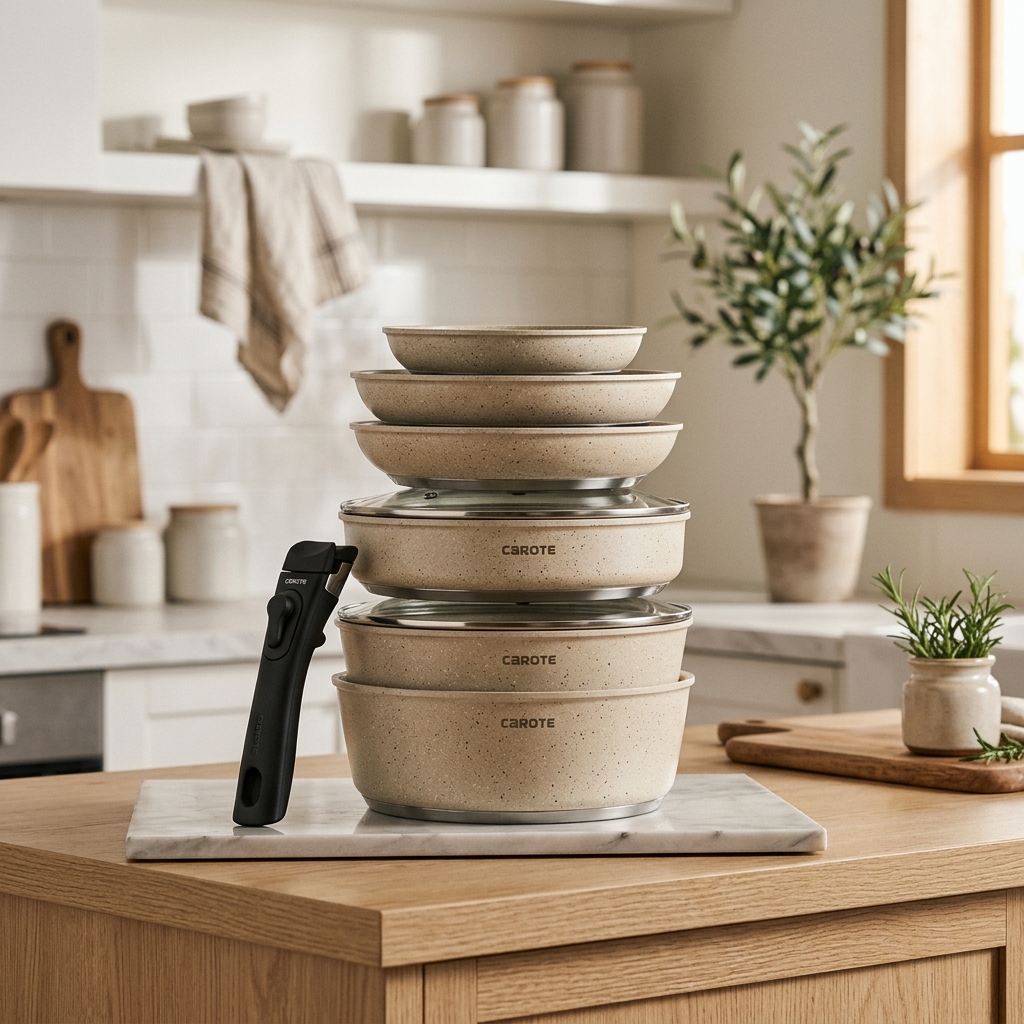 CAROTE 11-Piece Stackable Cookware Set with Removable Click Handles