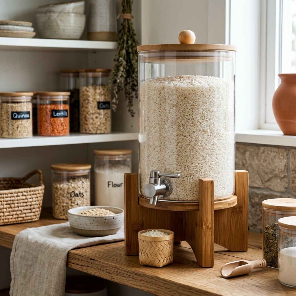 5L Glass Rice Dispenser with Bamboo Stand & Stainless Steel Valve