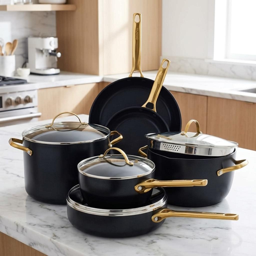 GreenPan Reserve Healthy Ceramic Nonstick 10-Piece Cookware Set with Gold Handles